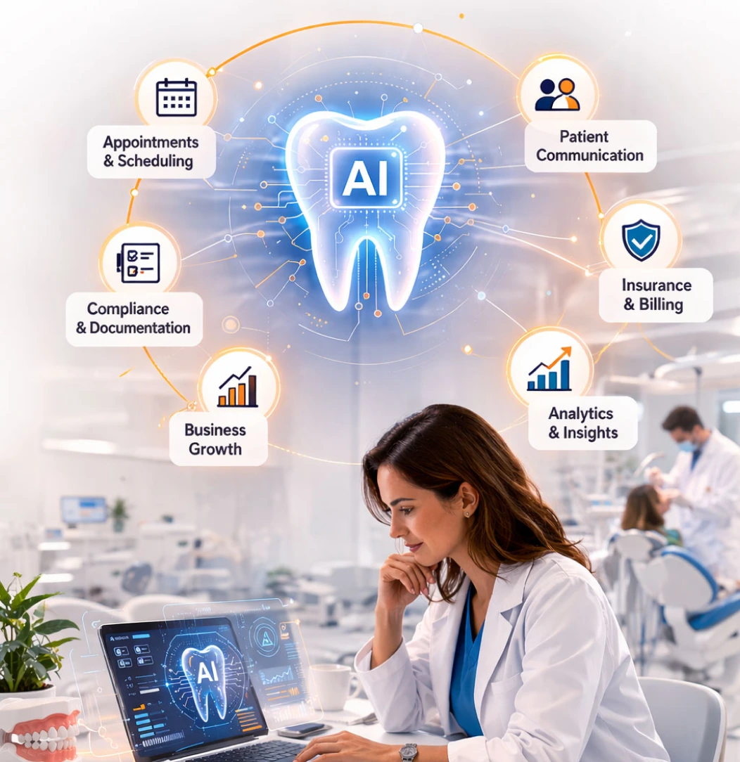 Dental practice owner reviewing patient data with JT1 AI system